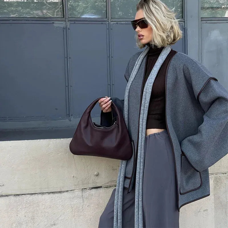 Vrouwen Elegante Retro Grijze Korte Ceintuuroverjas – Stijlvolle Loose-Fit Jas voor Elke Gelegenheid