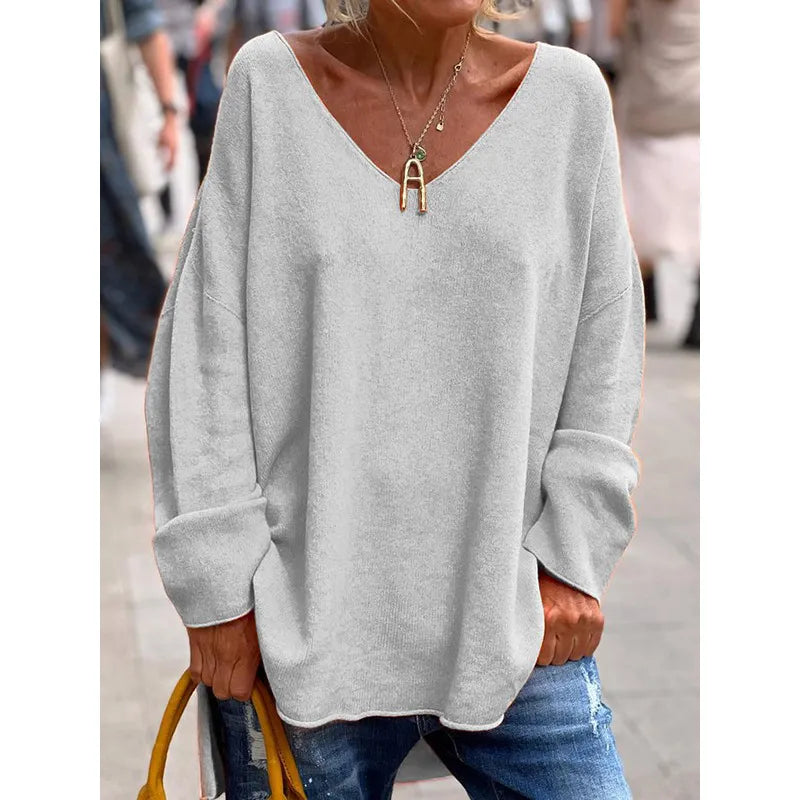 Dames Effen Kleur V-hals Lange Mouw Losse Casual Top