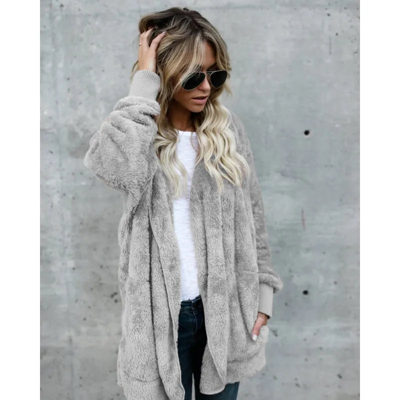 Halflange Hooded Fleece Jas - Dubbelzijdige Anti-Bont Winter Cardigan voor Vrouwen