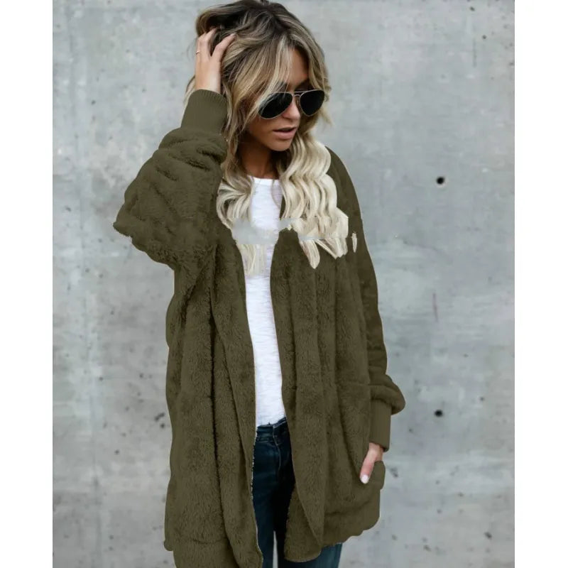 Halflange Hooded Fleece Jas - Dubbelzijdige Anti-Bont Winter Cardigan voor Vrouwen