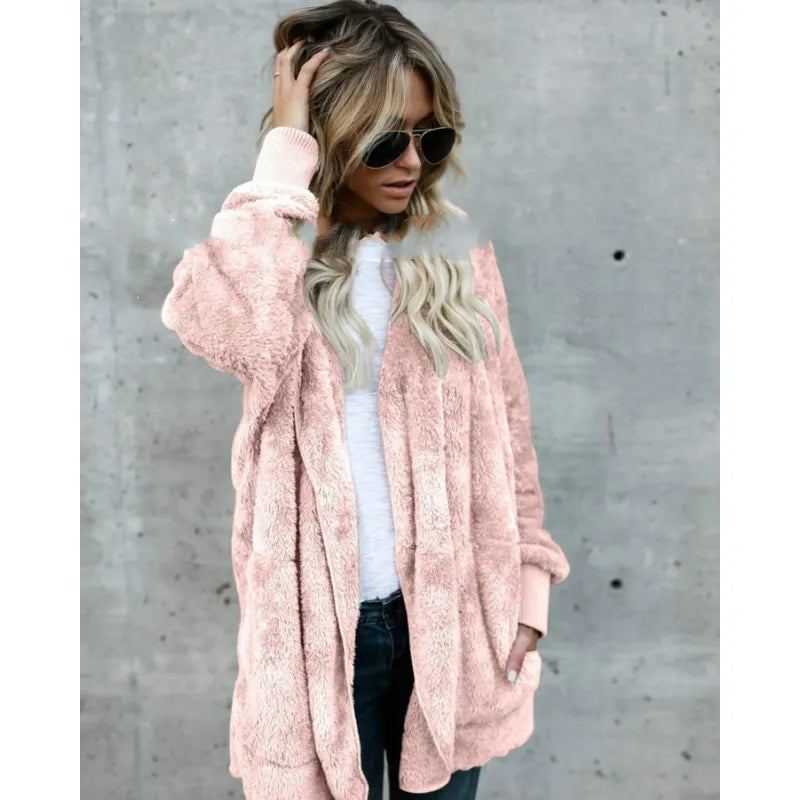 Halflange Hooded Fleece Jas - Dubbelzijdige Anti-Bont Winter Cardigan voor Vrouwen