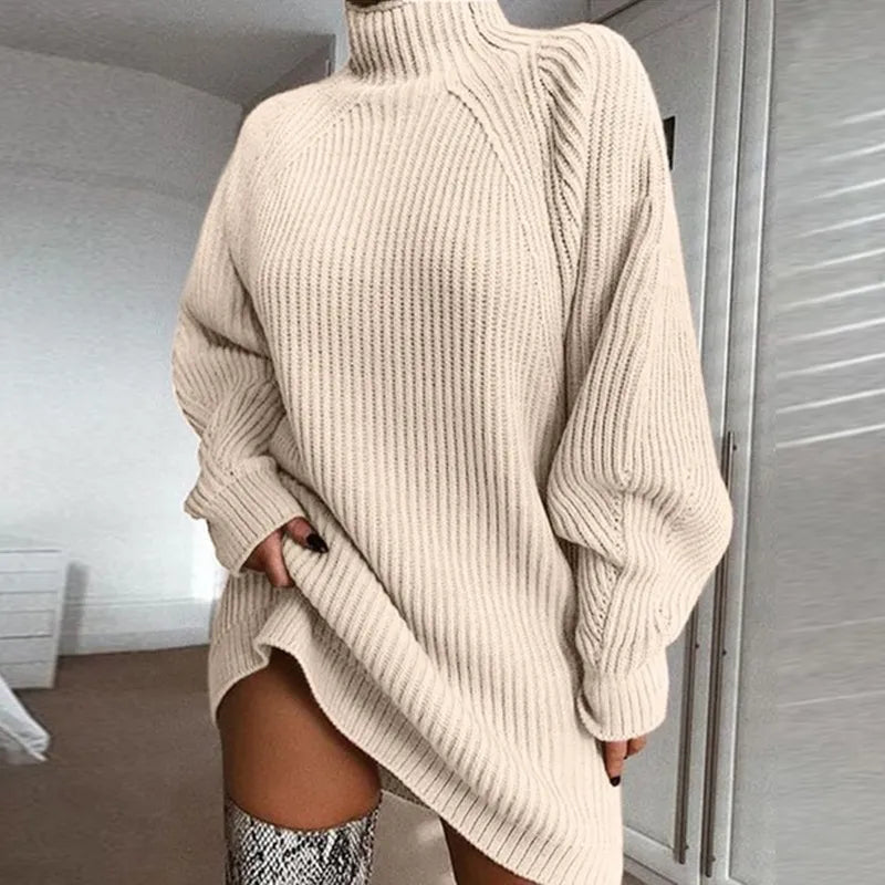 Dames Winter Warme Coltrui Sweaterjurk – Lange Gebreide Trui voor Koude Dagen