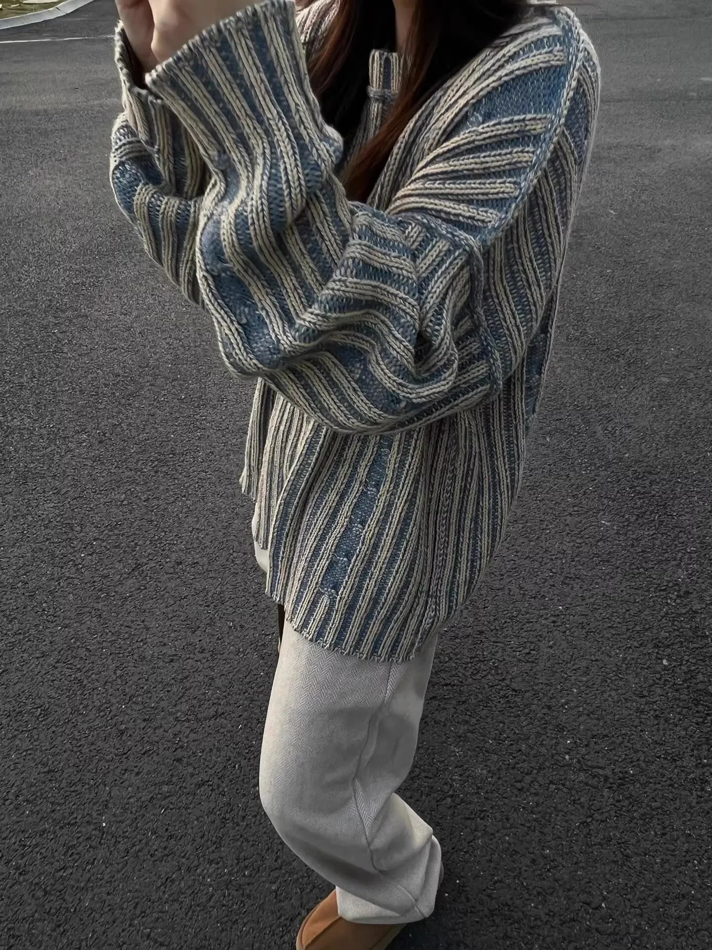 Dames Vintage Strepen Contrastkleur Trui – Losse Mid-Length Pullover voor Japanse & Koreaanse Casual Style