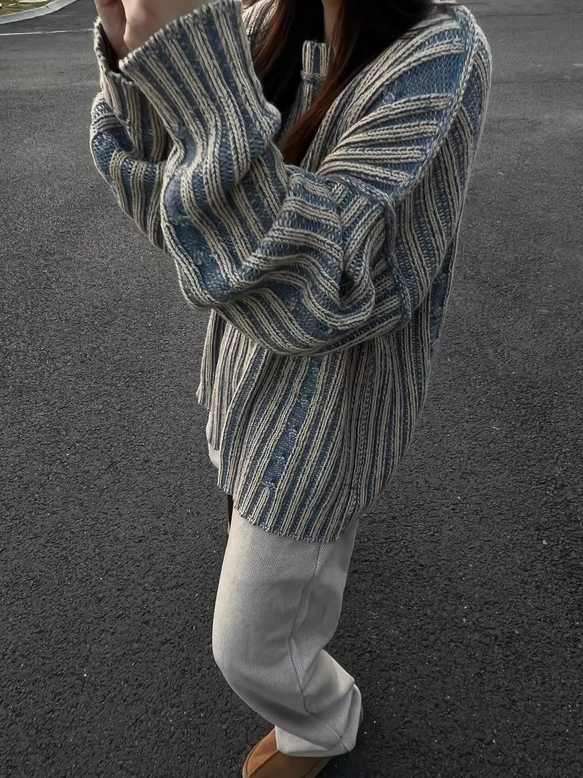 Dames Vintage Strepen Contrastkleur Trui – Losse Mid-Length Pullover voor Japanse & Koreaanse Casual Style
