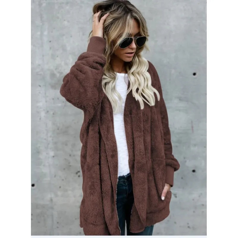 Halflange Hooded Fleece Jas - Dubbelzijdige Anti-Bont Winter Cardigan voor Vrouwen