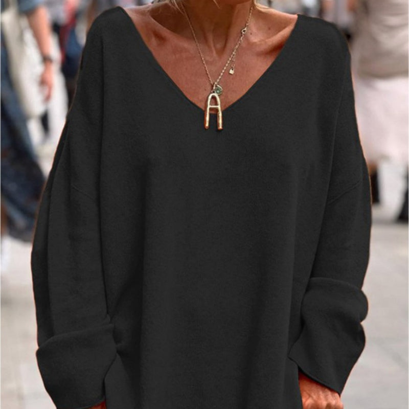 Dames Effen Kleur V-hals Lange Mouw Losse Casual Top