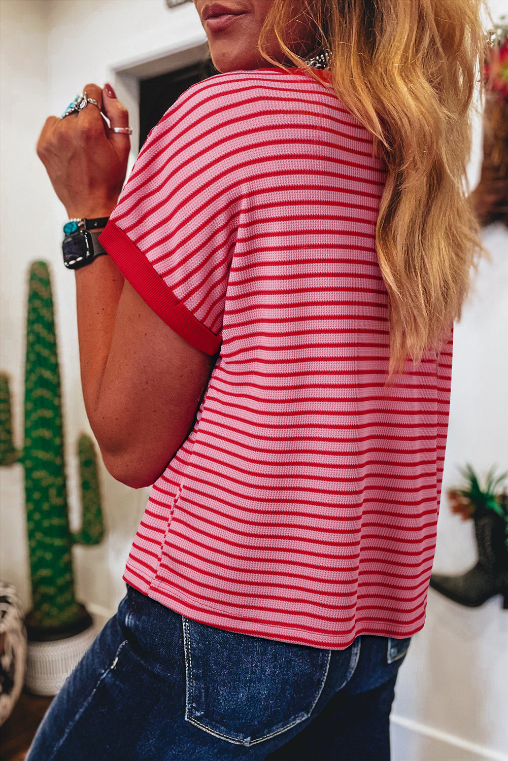 Elara - Gestreepte Gebreide Ronde Hals T-Shirt Voor Dames
