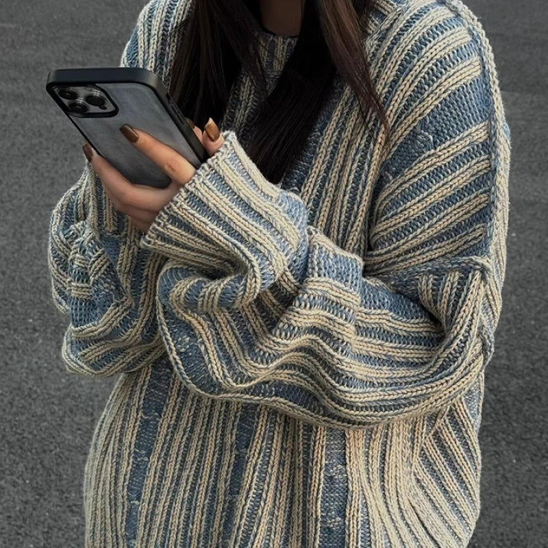 Dames Vintage Strepen Contrastkleur Trui – Losse Mid-Length Pullover voor Japanse & Koreaanse Casual Style