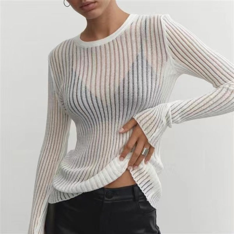 Ronde Hals Dun Ademend Gebreid Wol Top - Lange Mouw Pullover voor Vrouwen