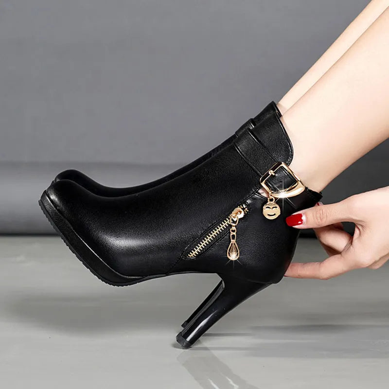 Dames Herfst Leren Laarzen – Elegante Hoge Hakken met Spitse Neus