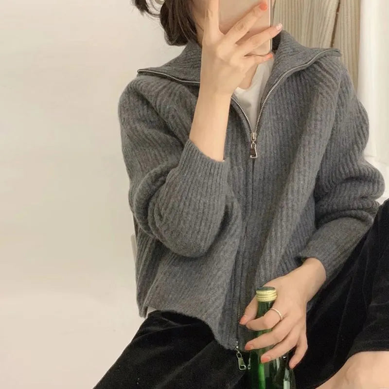 Ritssluiting Gebreide Cardigan – Dames Casual Losse Sweaterjas met Hoge Kraag