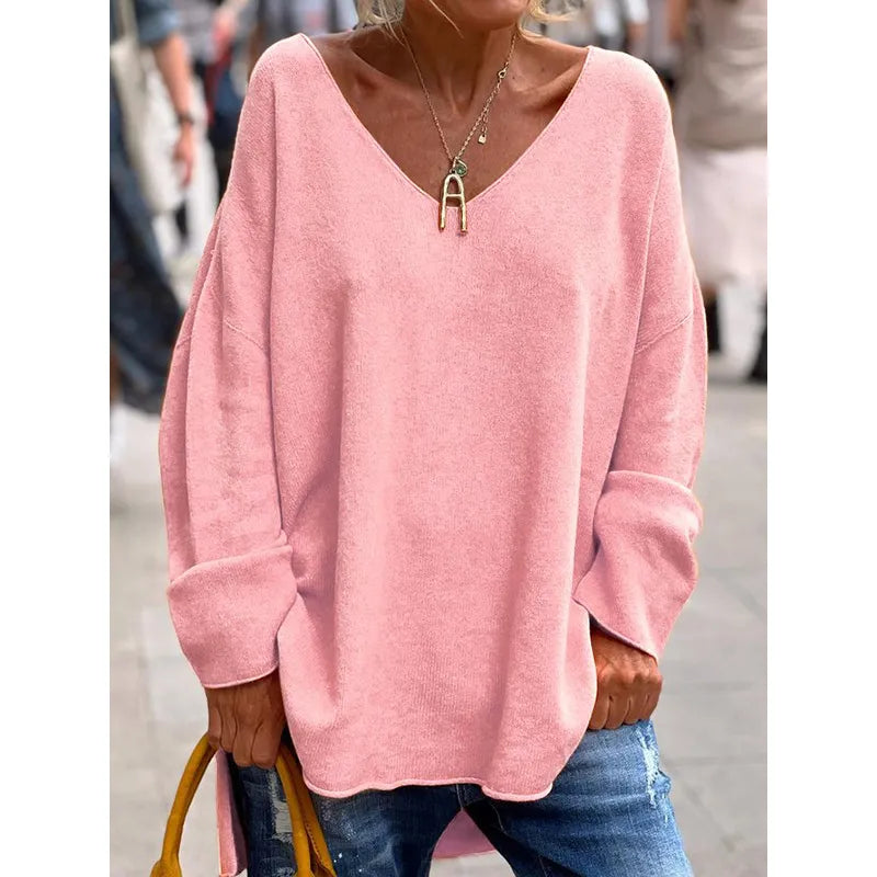 Dames Effen Kleur V-hals Lange Mouw Losse Casual Top