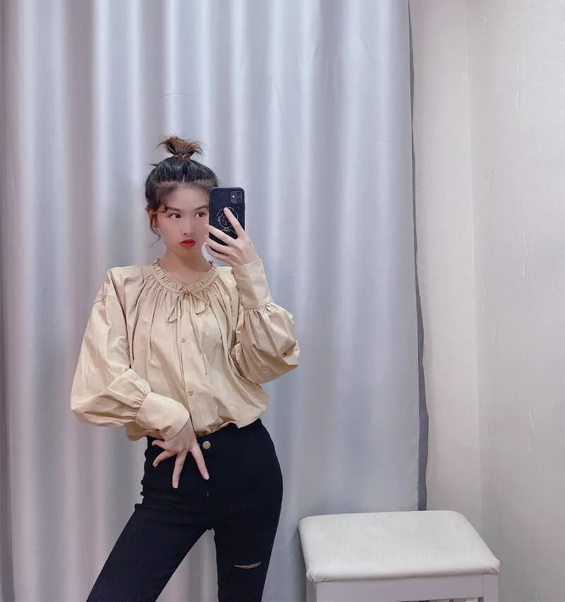 Herfstmode Losse Fit Ruffled Lace-Up Lange Mouwen Shirt