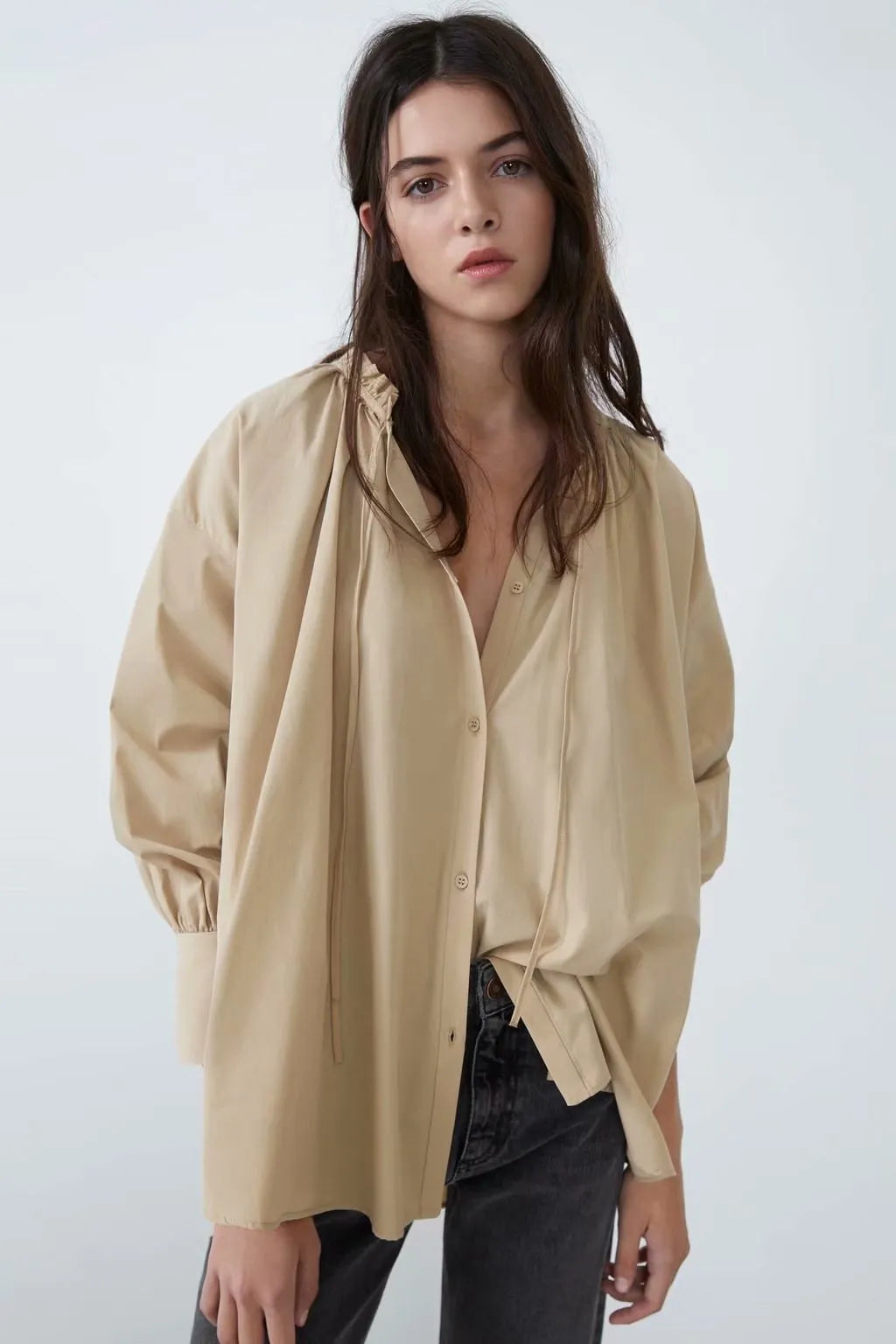 Herfstmode Losse Fit Ruffled Lace-Up Lange Mouwen Shirt