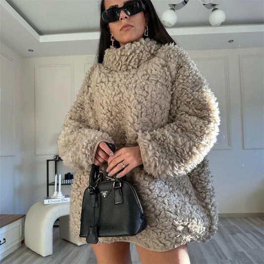 Damesmode Losse Lamswol Jas – Gezellige Relaxed-Fit Jas voor Casual Elegantie