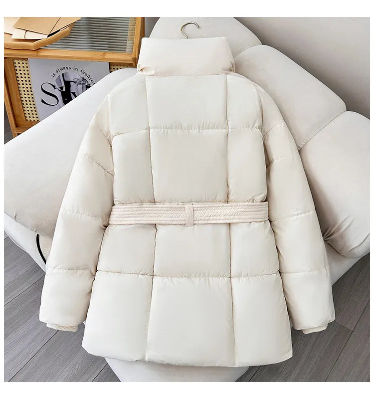 Winter Plaid Dikke Jasje met Strikdesign – Modieuze Losse Warme Damesjas