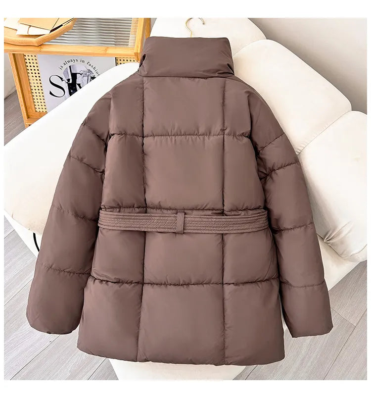 Winter Plaid Dikke Jasje met Strikdesign – Modieuze Losse Warme Damesjas