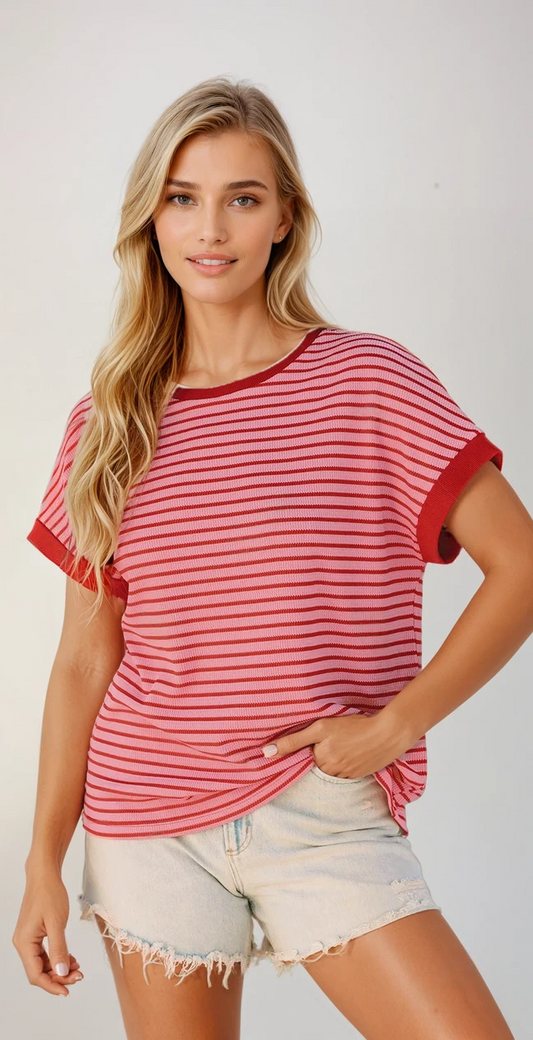 Elara - Gestreepte Gebreide Ronde Hals T-Shirt Voor Dames