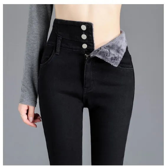Dames Hoge Taille Recht Jeans met Pluche Fleece Voering - Trendy en Warme Winter Denim