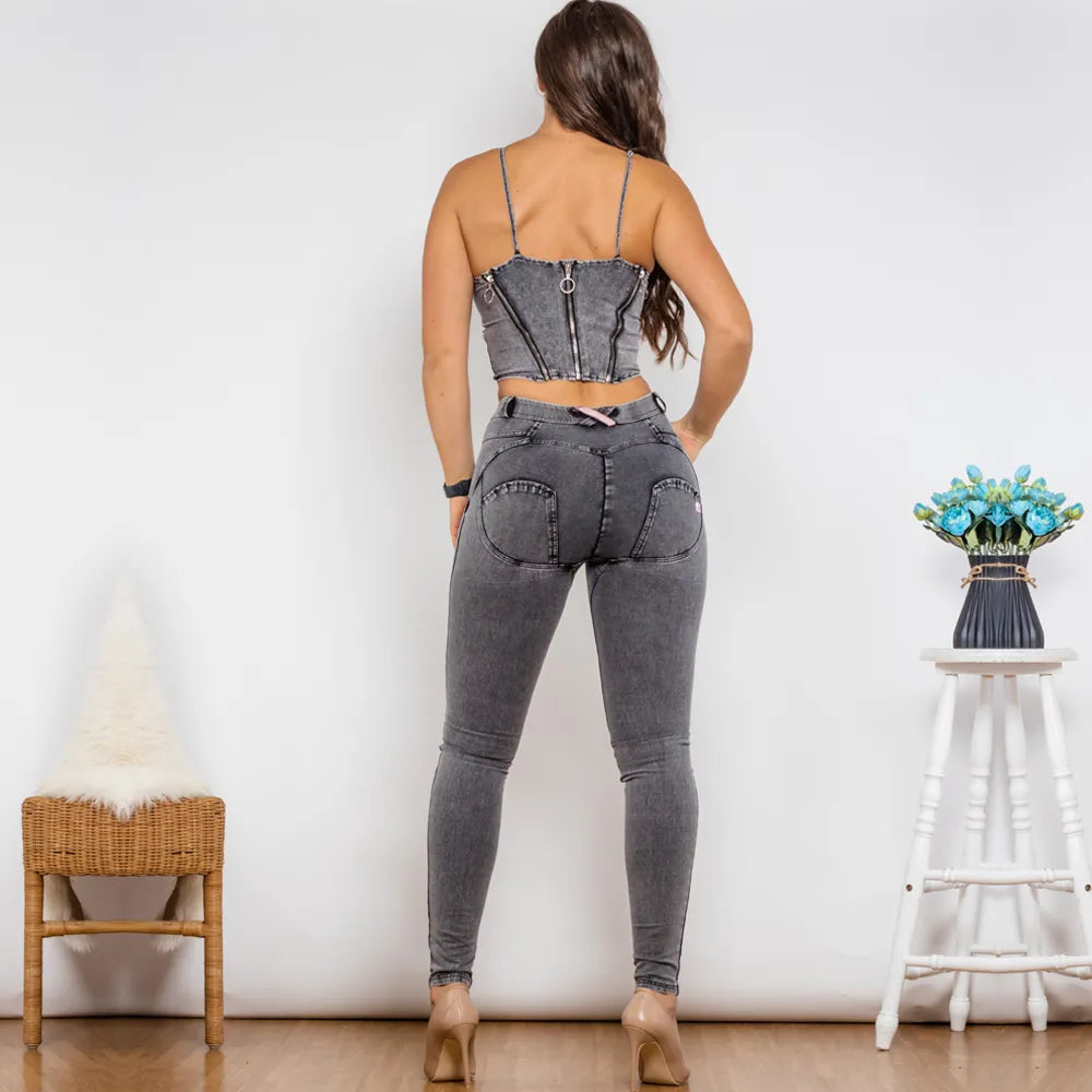 Grijze Denim Rits Shaper Push-Up Top & Midden-Hoge Skinny Jeans Set – 2-Delige Elegante Outfit voor Vrouwen