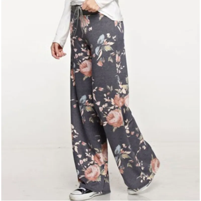 Dames Losse Bloemenprint Wijde Pijpen Broeken – Halve Taille Rechte Broeken voor Dagelijks Comfort