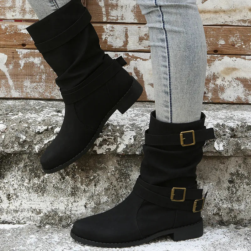 Dames Lage Hak Vintage Biker Laarzen – Verstelbare Gesp Western Combat Boots