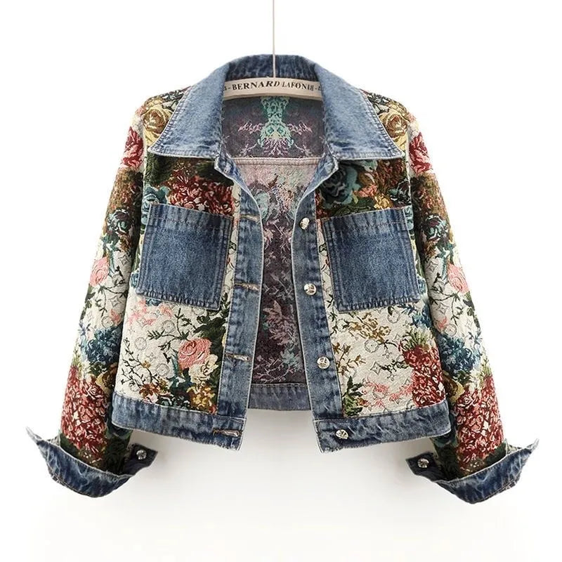 All-Match Gedrukt Patchwork Lange Mouwen Lapel Denim Jas