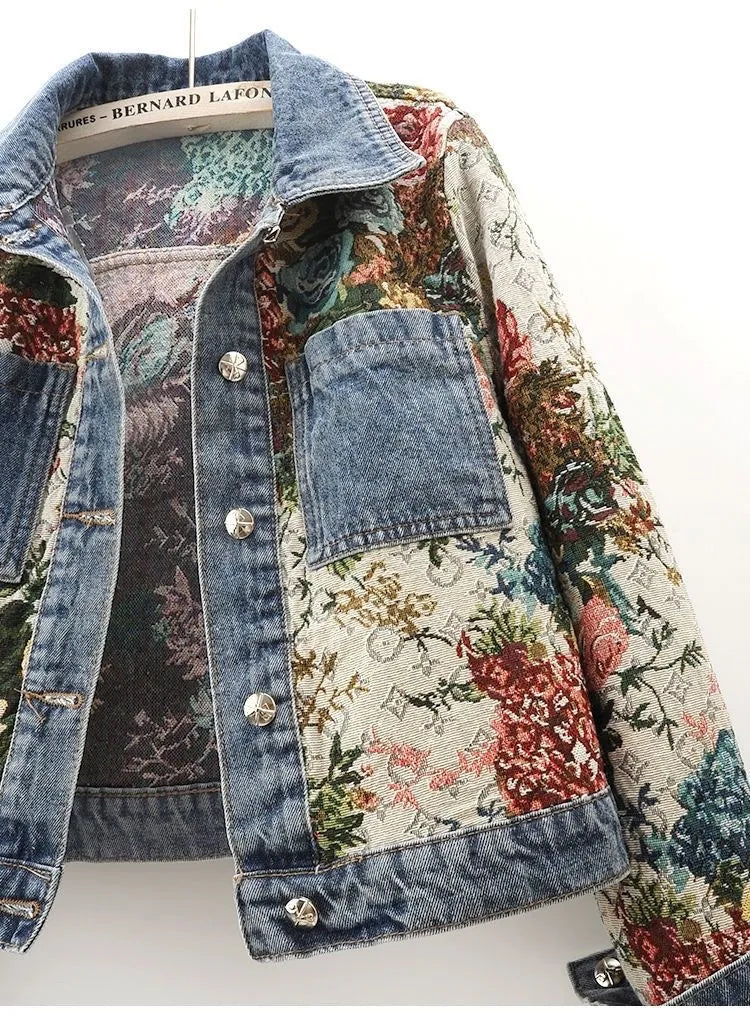 All-Match Gedrukt Patchwork Lange Mouwen Lapel Denim Jas