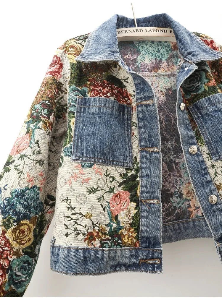 All-Match Gedrukt Patchwork Lange Mouwen Lapel Denim Jas