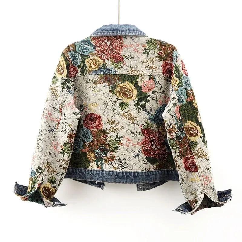 All-Match Gedrukt Patchwork Lange Mouwen Lapel Denim Jas