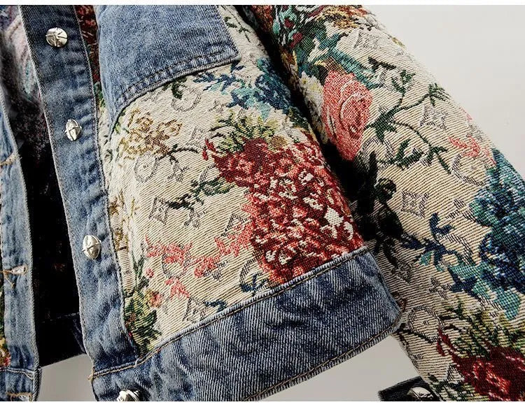 All-Match Gedrukt Patchwork Lange Mouwen Lapel Denim Jas
