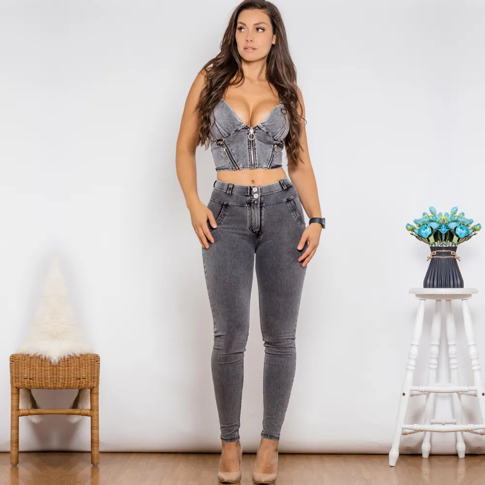 Grijze Denim Rits Shaper Push-Up Top & Midden-Hoge Skinny Jeans Set – 2-Delige Elegante Outfit voor Vrouwen