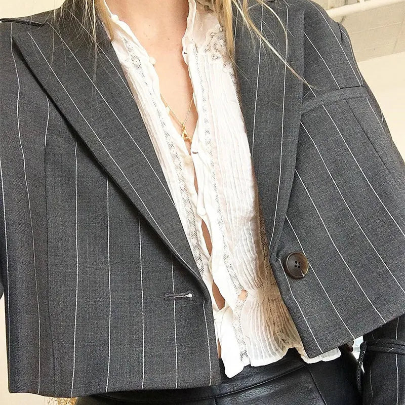 Elegante Lange Mouw Gestreepte Dubbele Knop Crop Top – Trendy Kantoor Dame Gehoekte Jas