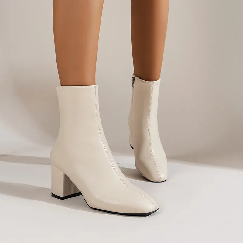 Dames Chunky Heel Enkellaarsjes – Spitse Neus Laarzen met Zijrits