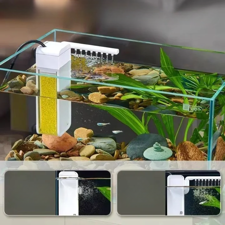 Stille mini-aquariumfilter met instelbare waterstroom