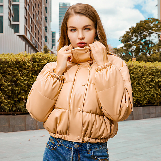 Dames Winter PU Leren Jas – Warme Korte Jas met Opstaande Kraag