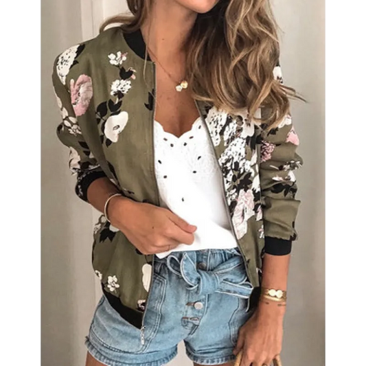 Dames Jas met Bloemenpatroon – Mooi Comfortabele Polyester Staande Kraag Jas