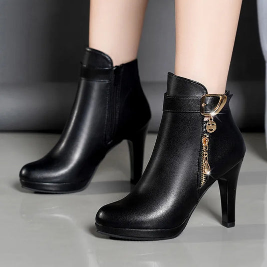 Dames Herfst Leren Laarzen – Elegante Hoge Hakken met Spitse Neus