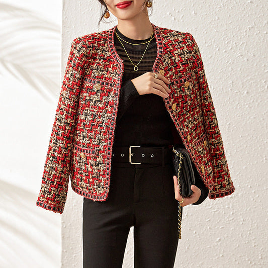 Dames Celebrity-Stijl Rode Tweed Korte Jas - Elegante Ronde Hals Ontwerp voor Chique Outfits