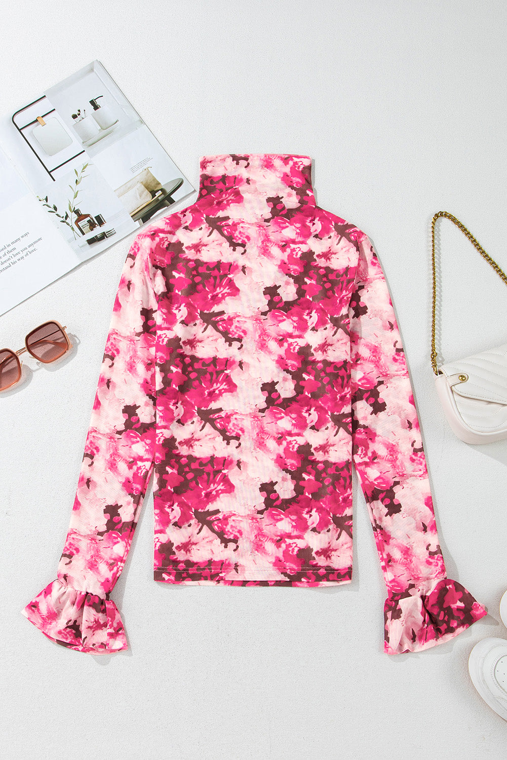 Sophia - Elegante Rose Floral Mesh Bluse mit Flügelärmeln