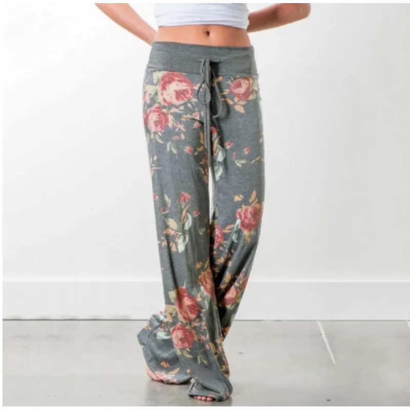 Dames Losse Bloemenprint Wijde Pijpen Broeken – Halve Taille Rechte Broeken voor Dagelijks Comfort