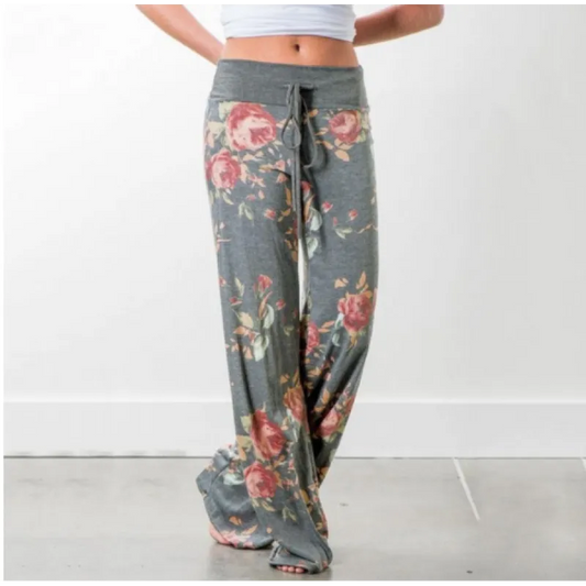 Dames Losse Bloemenprint Wijde Pijpen Broeken – Halve Taille Rechte Broeken voor Dagelijks Comfort