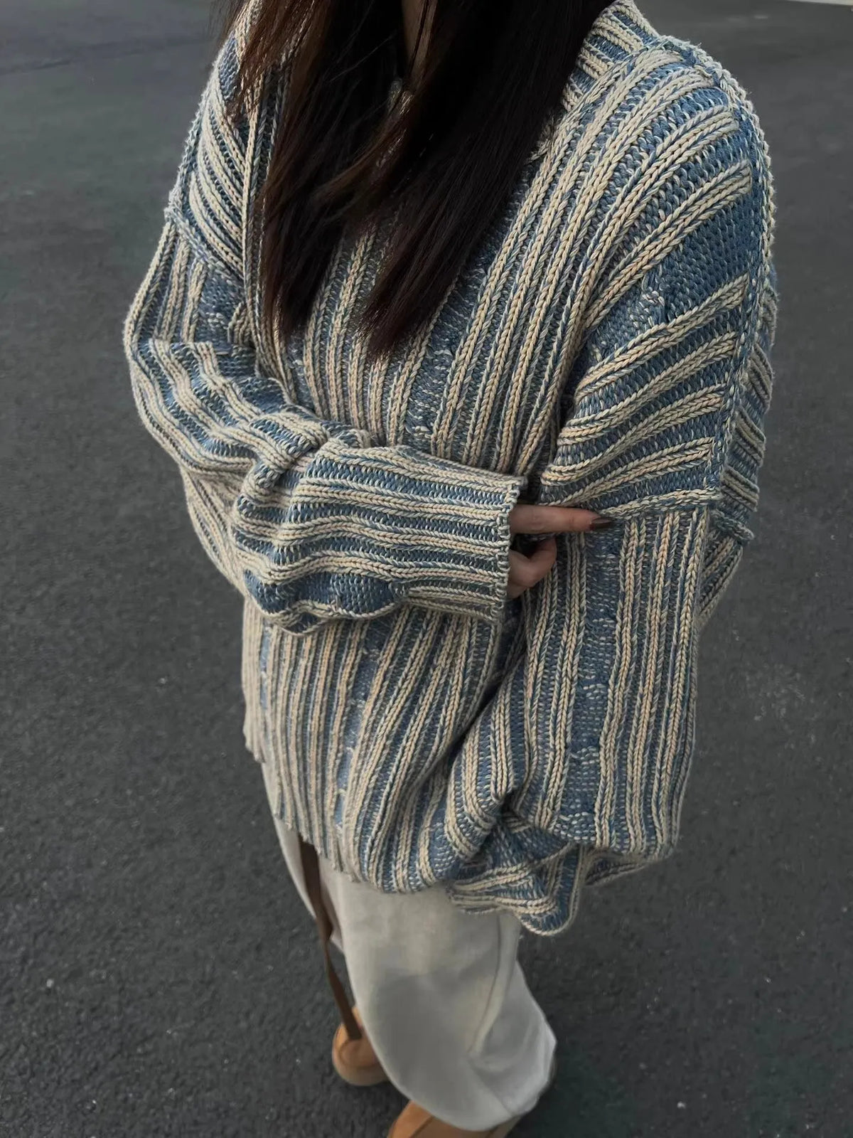Dames Vintage Strepen Contrastkleur Trui – Losse Mid-Length Pullover voor Japanse & Koreaanse Casual Style