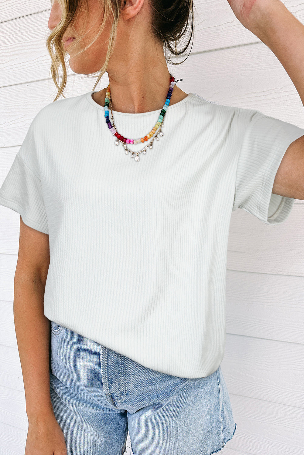Sophie - Lichtgrijs Getextureerd Los T-shirt voor Vrouwen
