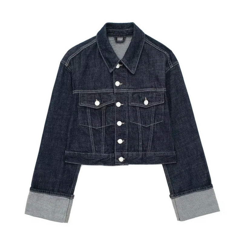 Nieuwe Dames Denim Jacket met Mouwen Hemming