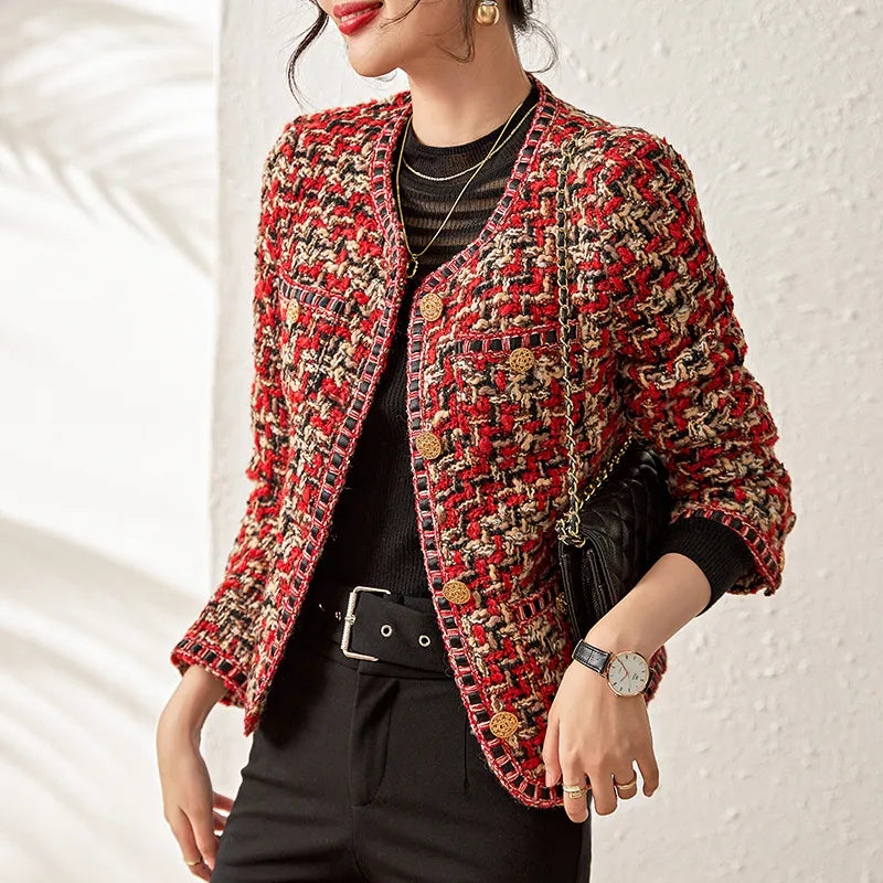 Dames Celebrity-Stijl Rode Tweed Korte Jas - Elegante Ronde Hals Ontwerp voor Chique Outfits