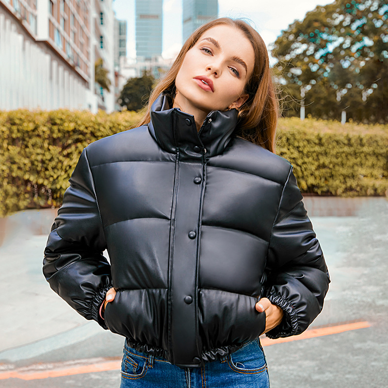 Dames Winter PU Leren Jas – Warme Korte Jas met Opstaande Kraag
