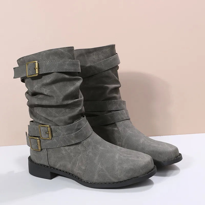 Dames Lage Hak Vintage Biker Laarzen – Verstelbare Gesp Western Combat Boots