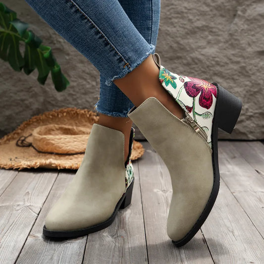 Dames Bloemenprint Enkellaarsjes – Modieuze Zijrits Laarzen met Chunky Hak