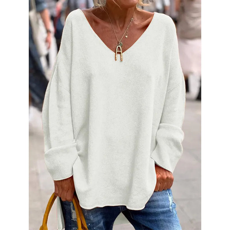 Dames Effen Kleur V-hals Lange Mouw Losse Casual Top